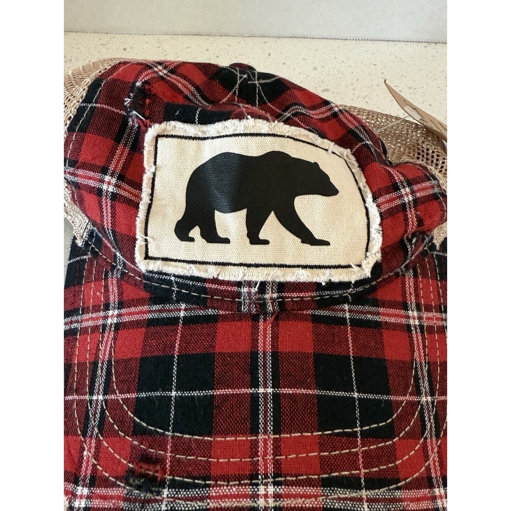 Brief Insanity Red‎ Plaid Bear Distressed Rustic Baseball Hat Cap